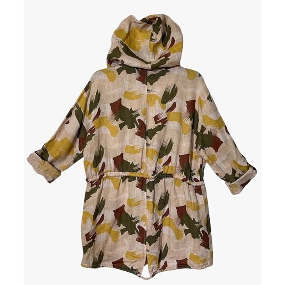 BACI 100% Linen Beige Printed Roll Tab Sleeve Boho Hooded Jacket - ITALY - Picture 2 of 9